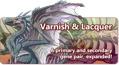 The overlaid text reads - Varnish & Lacquer: A pair o primary and secondary genes, expanded! There is a spiny ridgback dragon displaying the shifting, jagged ribbon of color that Varnish and Lacquer are known for, in shades of muted blue, pink, green, and grey.