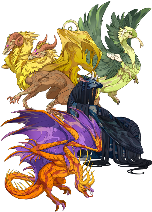 A series of dragons displaying the jagged, shifting color ribbons of Varnish and Lacquer. From top to bottom, a feathered Coatl dragon in various shades of green, a two-headed Aberration dragon in shades of yellow and gold, A silky-haired Veilspun dragon in shades of black and blue, and a spiked Banescale dragon, in shades of orange and purple.
