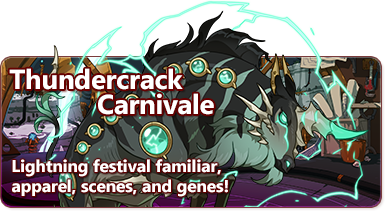 The overlaid text reads Thundercrack Carnivale - Lightning festival familiar, apparel, scenes, and genes. The banner features the charging cerdae, a unicorn-like creature with the body of a wildebeest and a serrated horn. Crackling ports spill across its neck and shoulders.