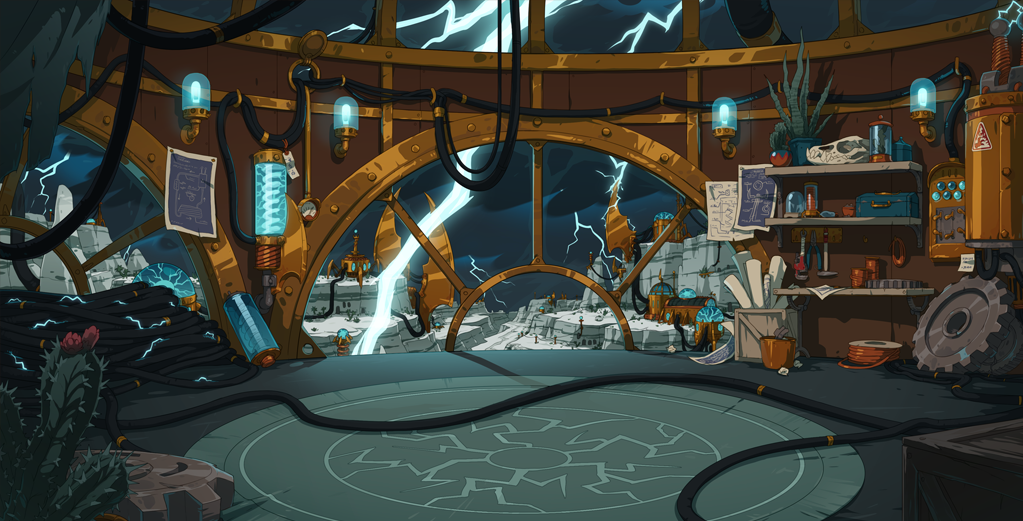 The new lightning lair scene, which features a copper and glass interior. There are many gadgets and trinkets inside, and outside a thunderstorm rages.