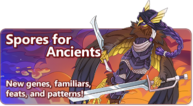 The Overlaid Text reads: Spores for Ancients - New genes, familiars, feats, and patterns. There is a harpy warrior wearing armor with a gilt mask and two large swords flying through a sunet sky.