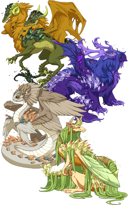A series of dragons displaying the armored vents and floating motes of the Spores gene. From top to bottom:  An Aberration  dragon with a green body, orange wings, and dark green spres, a Gaoler  dragon with a purple body, blue wings, and lavender spores, an Auraboa dragon in shades of beige, with teal and peach spores, and a Veilspun  dragon with an yellow body, green wings, and gren and pink spores.