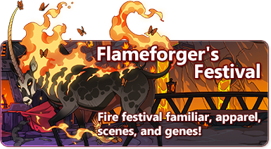 The overlaid text reads Flameforger's Festival - Fire festival familiar, apparel, scenes, and genes. The banner features the burning cerdae, a unicorn-like creature with the body of an oryx and an elongated, curved central horn. Flames pour from its neck, shoulders, back, and tail.