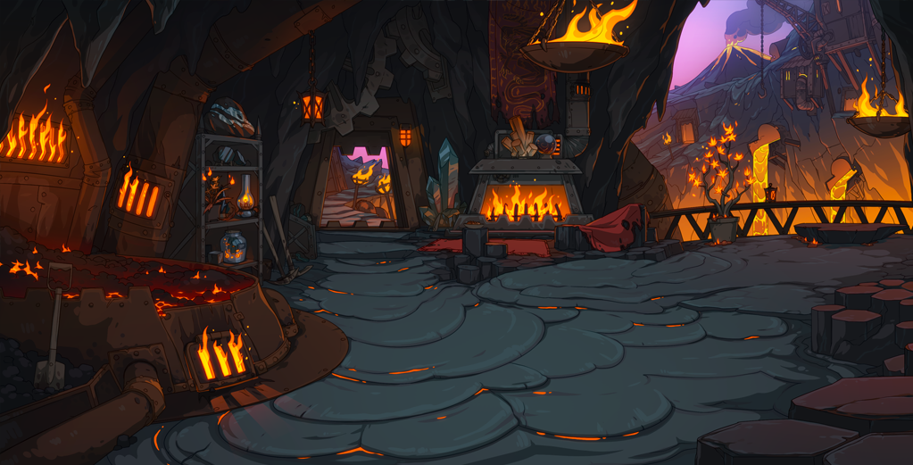 The new fire lair scene, which features an interior that looks to be set inside of a rocky cave or overlook. Seams of molten earth are folded between the rocks. A bed of coals, industrial piping, and a collection of metals on a devorative shelf are present.