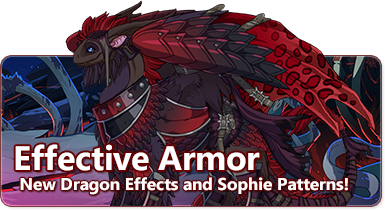 The Overlaid Text reads: Effective Armor - new dragon effects and sophie patterns! A shaggy purple and red tundra dragon faces left. She is wearing the Vengeful scale armor set introduced in this update. This armor is shades of crimson, black, and silver. Behind the dragon is an abyssal oceanscape with the bones of a whalefall.