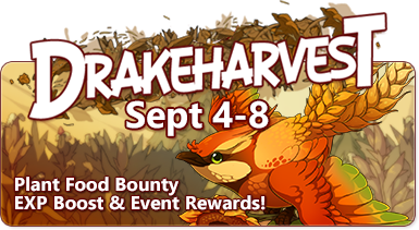 The overlaid text reads Drakeharvest, September 4-8, Plant Bounty, EXP Boost & Event Rewards! The banner image is of a Waxwing bird familiar with red feathers and a pointy crest. Its tail appears to be made of trailing wheat rather than feathers. In the background is a field of grain.
