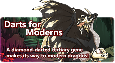 The overlaid text reads - Darts for Moderns: A diamond-darted tertiary gene makes its way to modern dragons! There is a single-horned pearlcatcher dragon with a black base color, displaying the darts gene in a vibrant ivory color.