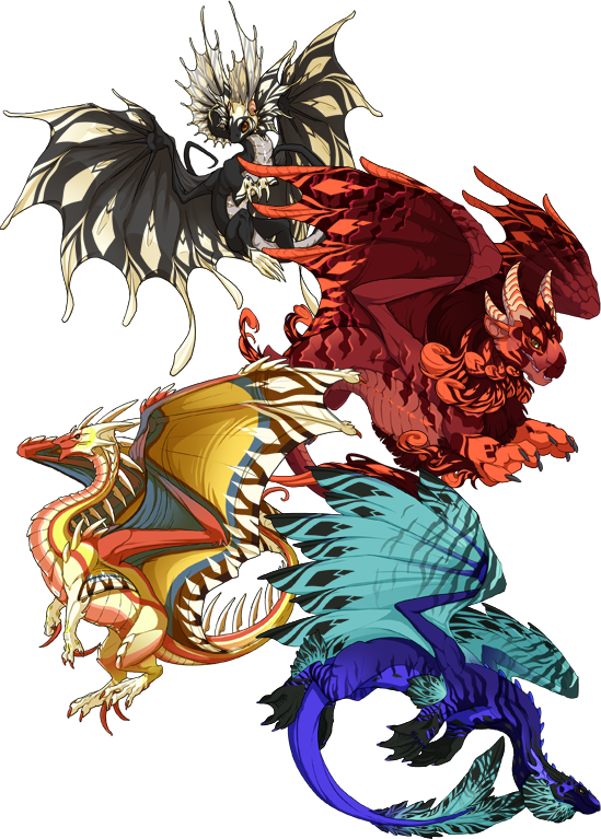 A series of dragons displaying the diamond shaped darts gene. From top to bottom: a finned, black Fae dragon with darts displaying in light ivory, a furry red Obelisk dragon, displaying the darts gene in a shade of vibrant orange, a yellow, orange, and spiked yellow Ridgeback dragon, displaying darts in shades of ivory, and a blue web-footed Fathom dragon, displaying darts in black.