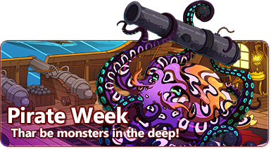 The overlaid text reads - Pirate Week - Thar be monsters in the deep! A cheerful looking Kraken with vibrant rainbow patterning holds a ship's canon aloft in its tentacles.