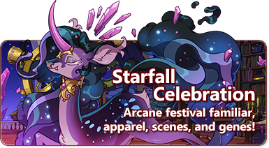 The overlaid text reads Starfall Celebration - Arcane festival familiar, apparel, scenes, and genes. The banner features the enchanting cerdae, a whimsical unicorn in shades of purple and blue, with stars in its mane.
