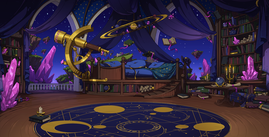 The new arcane lair scene, which features an enchanting lair. There are arched, windows open to the night sky with a telescope, astralobe, and obervation equipment. The bookshelves are piled high with tomes, and arcane crystals adorn this domain.