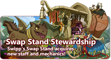 A sunny day on a stone path, surrounded by rich green grass, with hills in the background. In the mid ground is a combination carriage and swap stand with Swipp, a green fae standing happily off center, with his over it pink daughter Tripp in the center seated in the stand. There's a red and blue fae, Tripp, standing holding golden fabric. There are two new fae family members, one olive and grey fae sitting on the wagon cover holding an abacus and their name is Flipp. The other is seated on the ground and their name is Dripp. This fae is teal with purple wings and working on their art. In the foreground is a happy, pale yellow eyed brown Snapper running joyously ahead of his family. The overlaid text reads Swap Stand Stewardship, Swipp's Swap Stand acquires new staff and mechanics!