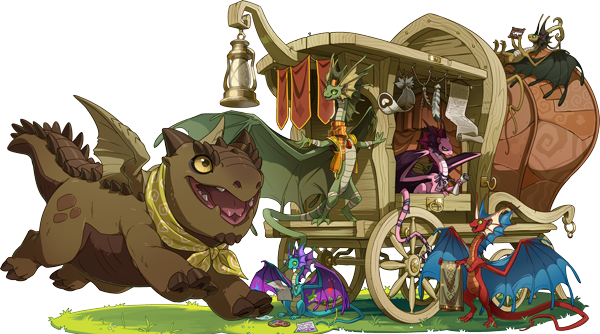 The updated Swap Stand artwork. There is a combination carriage and swap stand with Swipp, a green fae standing happily off center, with his over it pink daughter Tripp in the center seated in the stand. There's a red and blue fae, Tripp, standing holding golden fabric. There are two new fae family members, one olive and grey fae sitting on the wagon cover holding an abacus and their name is Flipp. The other is seated on the ground and their name is Dripp. This fae is teal with purple wings and working on their art. In the foreground is a happy, pale yellow eyed brown Snapper running joyously ahead of his family.