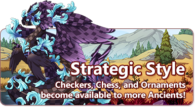 The overlaid text reads - Strategic Style - Checkers, Chess, and Ornaments become available to more Ancients! There is a serpentined, feathered Auraboa dragon with purple checkered wings and blue filigree accents to the left, while there is a golden landscape to the right.