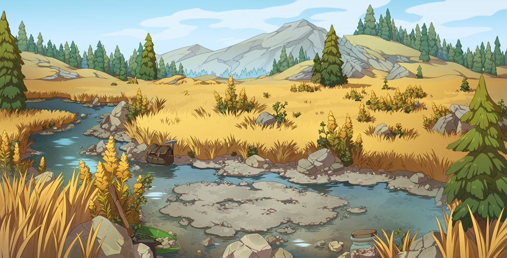 This scene shows a golden grassland cut through by a shallow blue river. Stones and mining equipment are strewn around the area. In the far distance is a pine forest and a mountain.