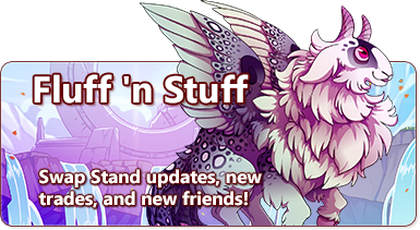 The Overlaid Text Reads: Fluff 'n Stuff - Swap Stand updates, new trades, and new friends! There is a Rosette Avreep to the right, a fluffy, lavender, goat-like creature with spotted wings. The environment behind it shows a circular monument and several waterfalls.