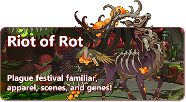 The overlaid text reads Riot of Rot - plague festival familiar, apparel, scenes, and genes. The banner features the virulent cerdae, a persistent unicorn with a many-tined horn, skull mask and bone adornments, and a companion scavenger. In the background is a red and green plague lair.