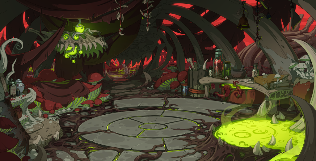 The new plague lair scene, which features an scavenged and experimental lair. Large bones support a hide canopy, while to the left a bed of mushrooms sits among a floor of stone and organic matter. To the right is scientific equipment and a pool of green ooze. The sky and landscape in the background are red.