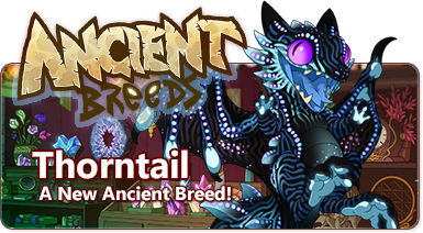 The overlaid text reads - Ancient Breeds - Thorntail - A new Ancient Breed! A squat dragon with a large head, small arms, puffy tail, and gangly wings faces the viewer with its mouth wide open. It has a pattern of glowing spots across its body, and a shop filled with crystals and trinkets is in the background