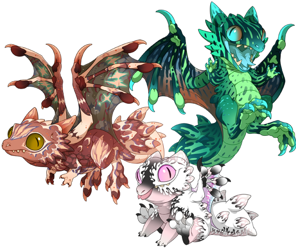 An image of a Thorntail hatchling and the two adult poses. On the left is the Thorntail f pose, in shades of cream and maroon. This squat dragon displays the wild, fluctuating colors of the dimension and warp genes. On the right is the Thorntail m pose, in shades of green, copper, and teal. It displays the stripes of the Ink and Dye genes. Along the bottom is the Thorntail hatchling pose in shades of white, peach, and pink. It displays the droplet and blotch markings of the Splatter and Drip genes.