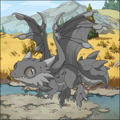 An image of the big-headed Thorntail dragon displaying various genes. This animated gif cycles through the yarn gene, which places braids of yarn across the head and back of the dragon. This transitions to the Moss gene, which has small plants growing across the entirity of the dragon's body. The Hornet gene follows, which places antennae on the dragon's head, and a stinger in place of its puffed tail.