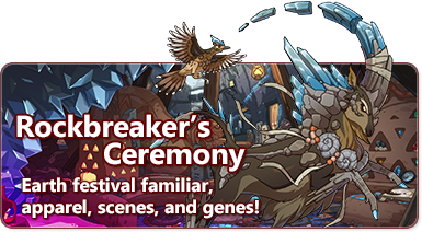 The overlaid text reads Rockbreaker's Ceremony - earth festival familiar, apparel, scenes, and genes. The banner features the fractured cerdae, an ibex inspired unicorn with a broken crystal horn and fossil adornments. In the background is a blue and brown earth lair.