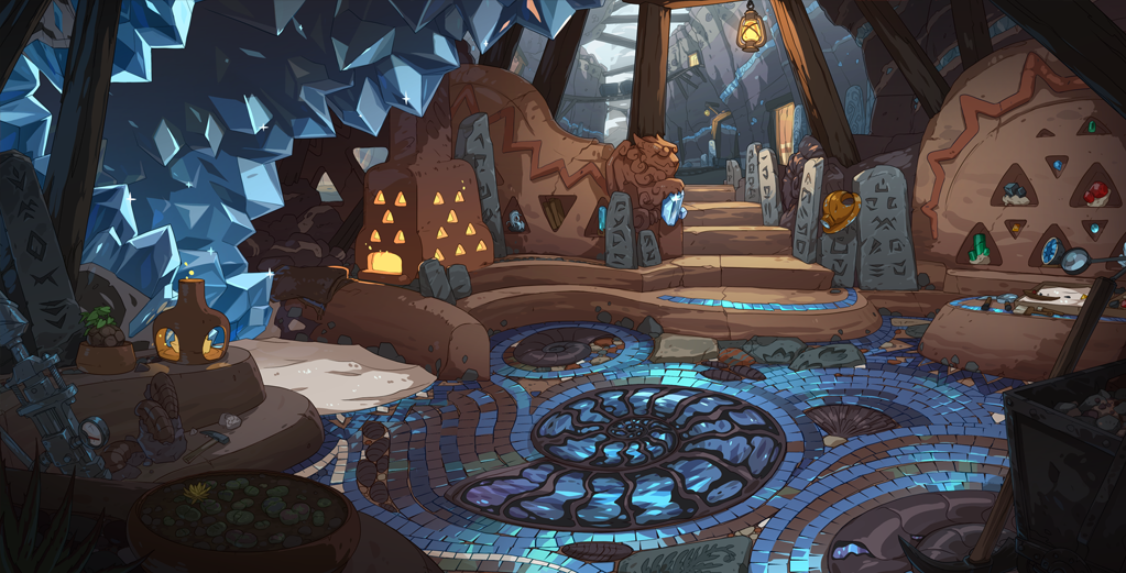 The earth lair scene depicts an interior in the bottom of a gorge. Half of this space is overtaken by a natural crystal formation. The floor is tiled in shade brown and blue tiles, that work their way around and into fossils. To the left is a shelf containing various treasures andkeepsake, and a set of stairs leads out into the gorge.