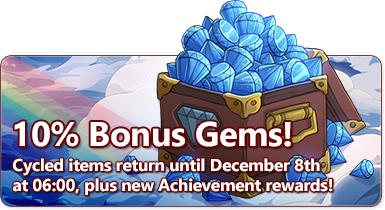 The overlaid text reads - 10% Bonus Gems! Cycled items return until December 8th and new Achievements rewards! The image depicts a wooden crate overflowing with sparkling blue gems. Behind the crate is a cloudscape and a rainbow.