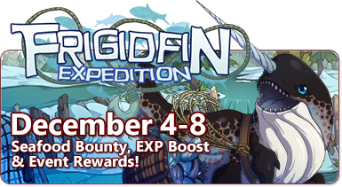 The Frigidfin Expedition Logo is on the banner. The overlaid text reads - Frigidfin Expedition - December 4-8 - Seafood Bounty, EXP Boost & Event Rewards. On the right of the image is a narwhal-like creature with a net slug over its shoulder and a basket overflowing with fish. In the background is frigid river.
