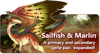 The overlaid text reads - Sailfish & Marlin: A pair of primary and secondary genes, expanded! There is a bipedal, feathered wildclaw dragon displaying the gradiated patterns and spots of the Sailfish and Marlin genes in contrasting shades of ivory, red, and forest green.