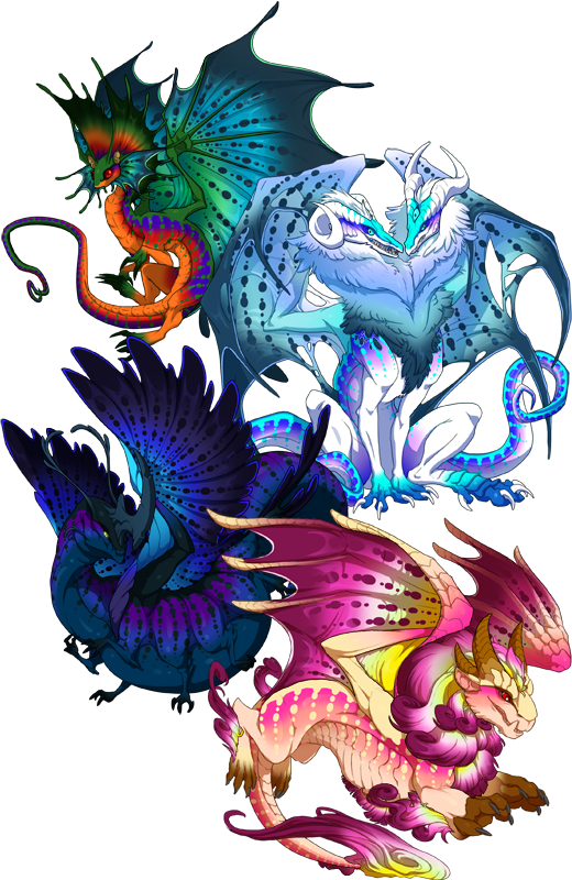 A series of dragons displaying the gradiated colors and trailing spot patterns of Sailfish and Marlin. From top to bottom, a delicate, finned Fae dragon in vibrant shades of orange, purple, and blue, a two-headed, maned Aberration dragon, in shades of white, cyan, ultramarine, and steel grey, a caterpillar-like Everlux dragon, in shades of dark blue, ultramarine, cyan, and violet, and a bulky, maned Gaoler dragon, in shades of ivory, bubblegum pink, magenta, and yellow.