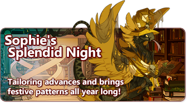 The Overlaid Text reads: Sophie's Splendid Night - Tailoring advances and brings festive patterns all year long! There is a feathered coatl dragon wearing golden cobwebs and a patchwork witch's hat and cloak on the right, and a library environment in the background.