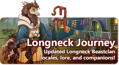 The Overlaid Text reads: Longneck Journey: Updated Longneck Beastclan locales, lore, and companions! There is Longneck physician in the foreground, holding a curved staff with a bell on it. They are wearing many layers of fabric with embroidery on the edges. In the background is a caravan scene.