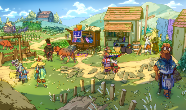 A depiction of a rural Longneck village. There are abundant crops, herd animals, and trade goods on display. The llama-like Longnecks are seen doing their daily tasks and socializing in this sunny village.