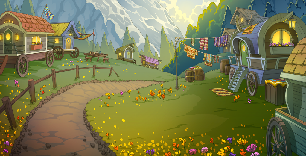 The Longneck Caravan scene depicts a group of colorful wooden wagons that are both homey and functional. Barrels of produce and trade good are set out amongst the signs of everyday life, such as laundry and drinks. There are misty mountains in the background, and blooming flowers in the foreground in a setting that appears to be a sunny valley.