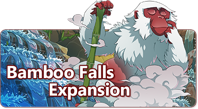 The overlaid text reads: Bamboo Falls Expansion. There is a white-furred, disinterrested looking primate floating on a cloud with a piece of Bamboo held in its left hand. In the background is a waterfall