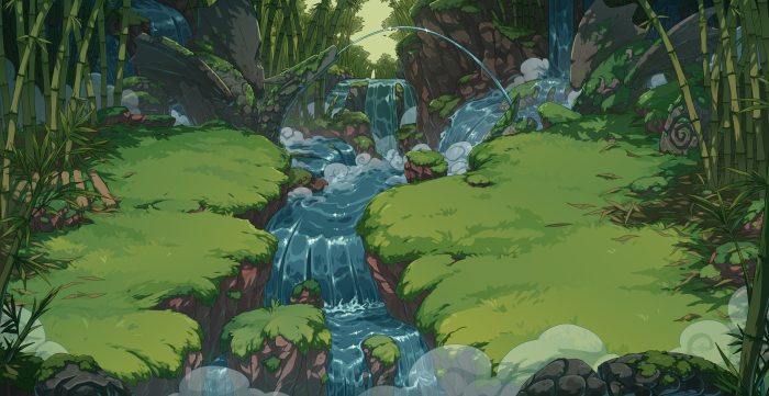 The Bamboo Falls venue artwork. Down the center of the illustration, a series of cascading falls cuts a line through this battlefiled. Bamboo glows plentifully around the perimeter, and moss-covered spiral statues watch over this misty proving ground.