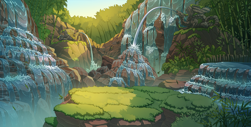 The Bamboo Falls scene depicts a rocky wall with multiple cascading waterfalls pouring down it. There are moss-covered spiral dragon fountains and shoots of bamboo bending in the breeze. Golden sunlight shines down on a clearing in the middle of this scene.