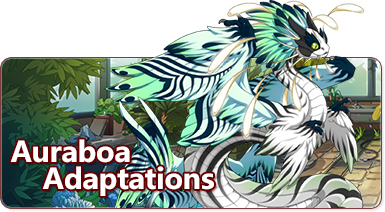 The Overlaid Text reads: Auraboa Adaptations. There is a feathered serpent with a pair of feathered arms and a large crest on the right side of the image. It is displaying a series of anglerfish shaped lures around its head, and the thin stripes of the spool and thread genes across its body and wings in shades of white and green. In the background there is foliage.