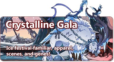 The overlaid text reads Crystalline Gala - Ice festival familiar, apparel, scenes, and genes. The banner features the frigid cerdae, a wooly unicorn with a curled horn, dragging chains behind it as icicles hang from its coat. In the background is an ice lair scene.