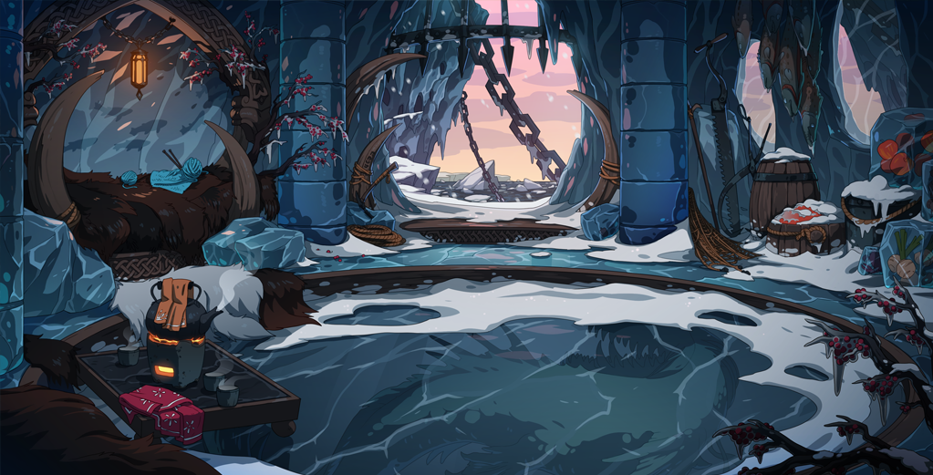 The ice lair scene depicts an interior of an icy cavern. The silouettes of small fish are frozen in the glassy walls, and the icy floor hides something large frozen beneath it. There are a variety of fur blankets and rugs, carved bones, and household items scattered around the lair.