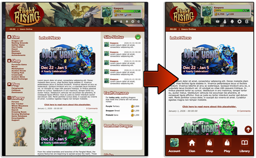 An image demonstrating how the front page of the Flight Rising website might be altered to fit a vertical phone-sized screen. The sidebars are removed, allowing the main content area to take up the full width of the screen. The navigation has moved to the bottom of the screen in a format similar to many mobile apps where each navigation section becomes its own large button.