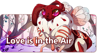 The overlaid text reads: Love is in the Air. A Strawberry Honeybun with a heart-strewn chest floof, droopy ears, heart-adorned wings, and a frosting swirl on its body stands in front of a copse of trees filled with love birds.