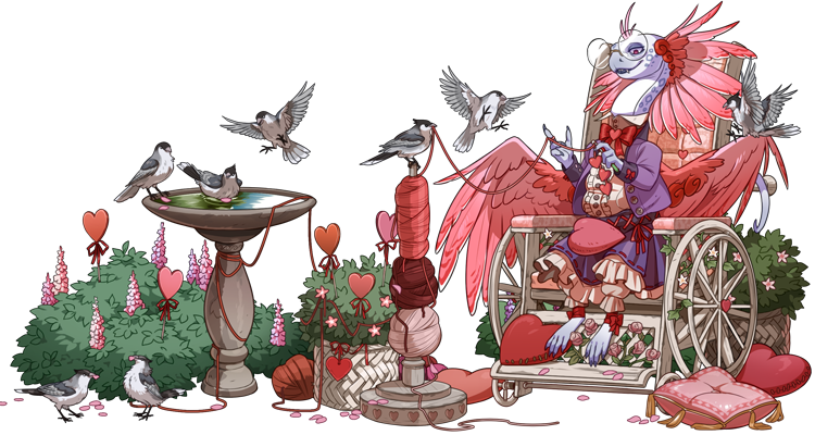 A feathered coatl dragon with pink feathers and lavender spotted skin sits in a wheelchair. Susie crochets with lovebirds flitting around her.