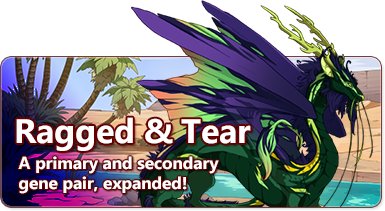The overlaid text reads - Ragged & Tear: A pair of primary and secondary genes, expanded! There is an antlered imperial dragon facing towards the right. Their long neck and large wings are displaying the sharp, broken pattern of ragged and tear in vibrant greens and oranges against their green and violet hide