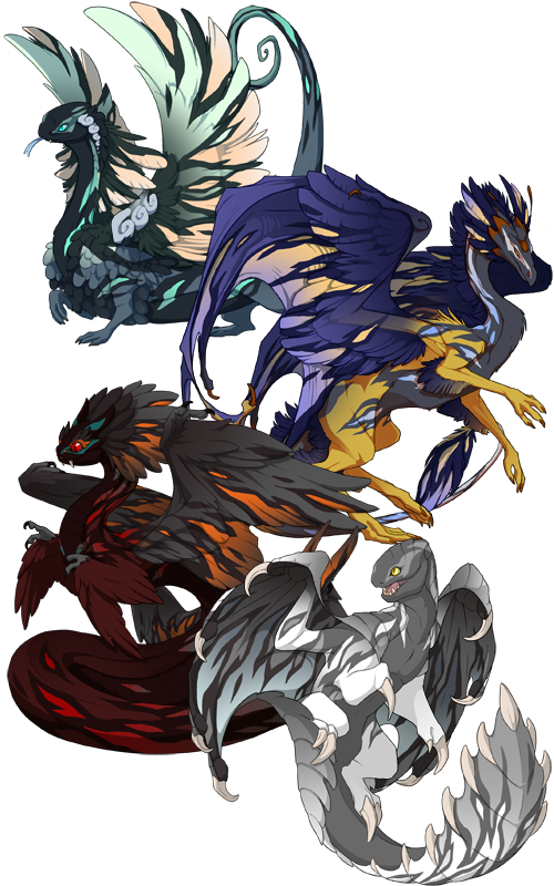 A series of dragons displaying the vibrant colors and torn, sharp patterning of Ragged and Tear. From top to bottom, a feather crested coatl dragon in shades of steel grey, pale aqua, and peach, an elegant skydancer dragon, in shades of purple and gold, a serpentine auraboa dragon, in shades of dark red and orange, and an armored dusthide dragon, in sahdes of grey and pale blue.
