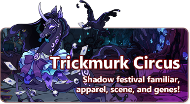 The overlaid text reads Trickmurk Circus - Shadow festival familiar, apparel, scenes, and genes. The banner features the umbral cerdae, a dark unicorn with an oilslick mane, a jester's garb, cards circling around it, and an oilslick crow. In the background is the shadow lair scene.