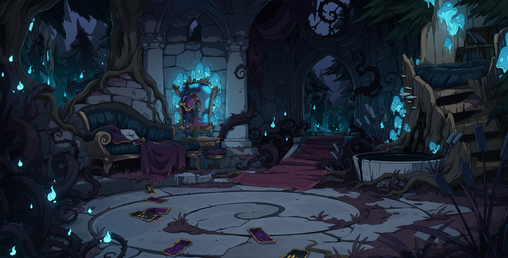 The shadow lair scene depicts an interior of thorn-covered ruins. A pine forest is breaking down the stones of the structure, while the interior is furnished with plush furniture, glowing mushrooms, a mirror, and a pool of dark shadow.