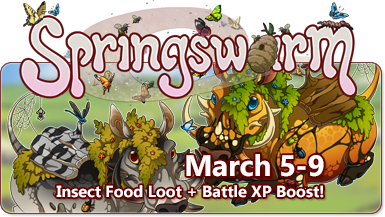 The overlaid text reads SpringSwarm, March 5-9, Insect Food Loot + Battle XP Loot! The logo is surrounded by butterflies and uses a bee's nest for the letter A. There are two moss covered boar familiars. One is orange with monarch butterfly markings and the one on the left is grey with beetle markings. Behind them is a meadow scene.