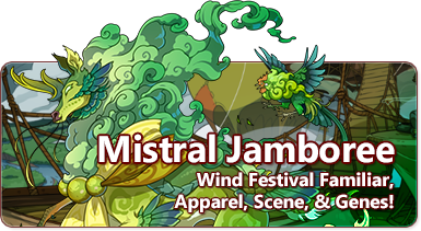 The overlaid text reads Mistral Jamboree - wind festival familiar, apparel, scenes, and genes. The banner features a feathered unicorn-like creature with a mane made of wind and a rooster flying overhead.